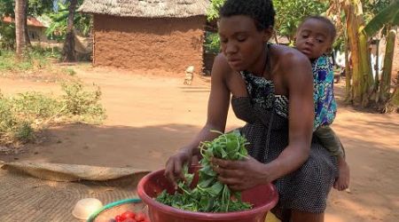 African Village Lifestyle Of Our Youngest Rural Mom #cooking Millet Flour With Vegetables For Dinner