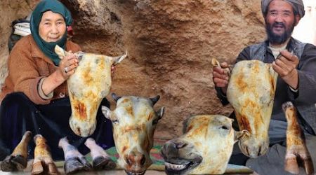 Lifestyle of old lovers in the cave &quot;Delicious cooking of cow&#39;s head&quot;Village Life Afghanistan