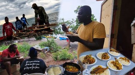 fishing in the weather and cooking Curry lobster tail with fish dinner on the beach