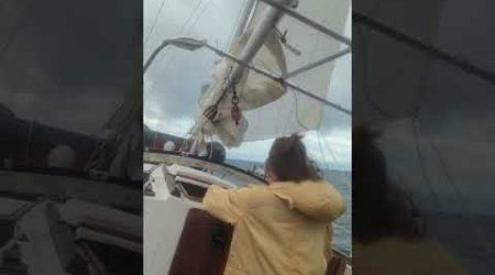 My wife hanging on sailing Florida in winter blow #sailing #capedory #florida #boats #nbgsailing