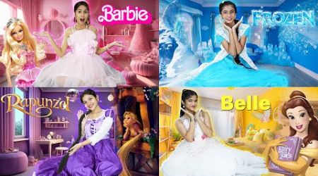 4 Color Princess House Challenge! Barbie, Frozen,Rapunzel &amp; Bella Compete for the Crown!