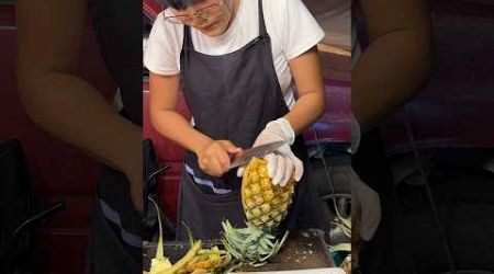 Thai Girl Selling Fresh Pineapple - Fruit Cutting Skills