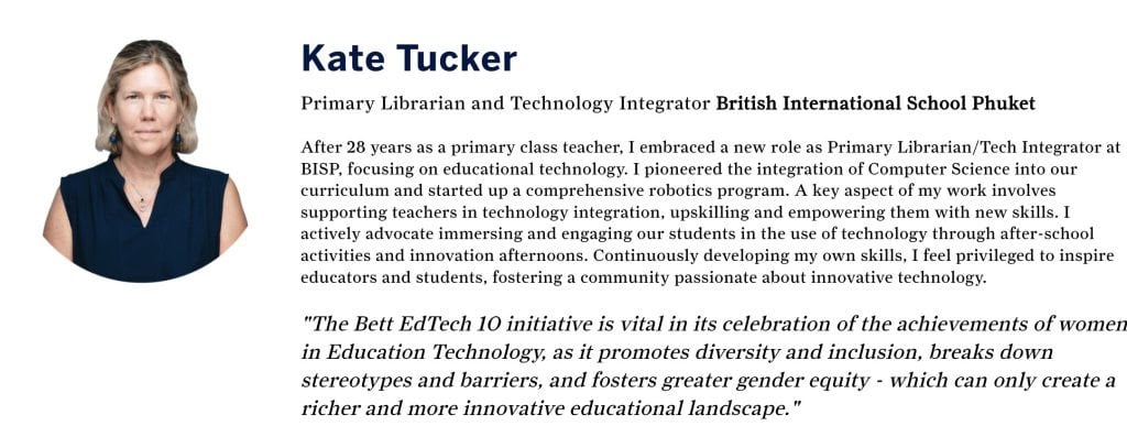 BISP’s Primary Librarian and Technology Integrator Kate Tucker Recognised by Bett Asia EdTech 10