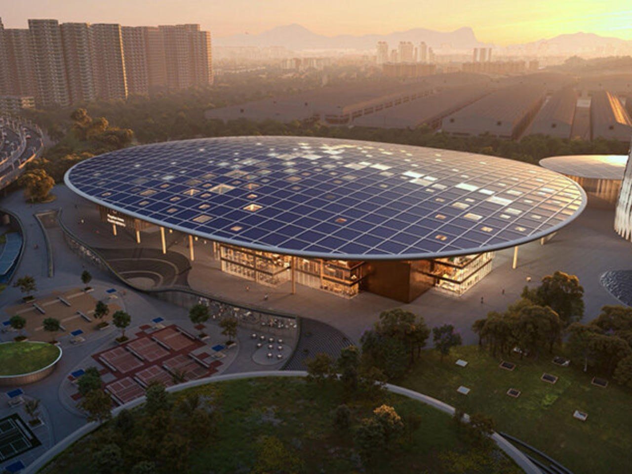 Award-Winning Sports Complex boasts a Badminton Racquet-inspired Grid Roof with Solar Panels